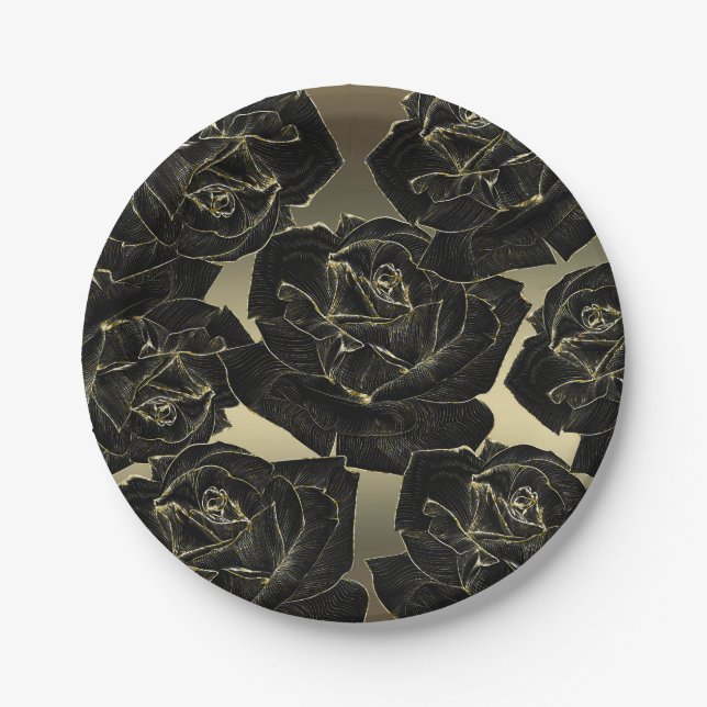 Assiettes En Carton Rose noire et or Glamour Élégant Chic de Luxe Part (Devant)