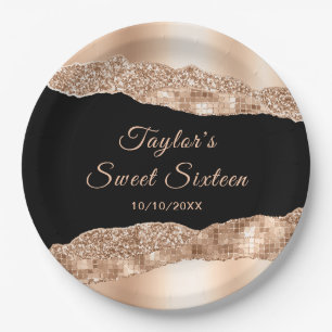 Assiettes En Carton Rose or et noir glam Larmes Sweet sixteen