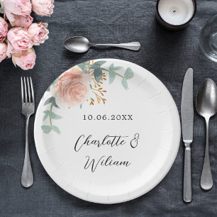 Assiettes En Carton Rose or floral eucalyptus élégant mariage