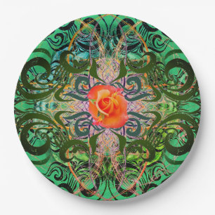 Assiettes En Carton Rose orange sur motif vert élégant