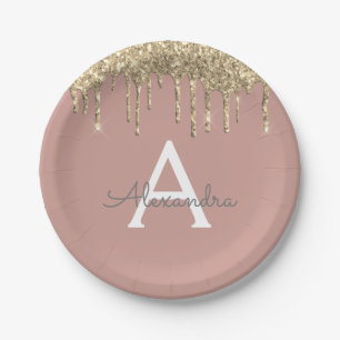 Assiettes En Carton Rose Pâle - Anniversaire Monogramme Paillettes Dor