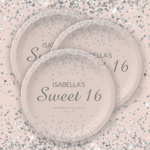 Assiettes En Carton Rose Pâle Élégant Pailleté Argent Nom Douce 16