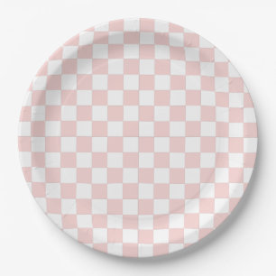 Assiettes En Carton Rose Pâle et Blanc à Damier