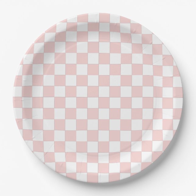 Assiettes En Carton Rose Pâle et Blanc à Damier (Devant)