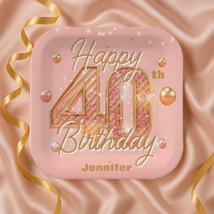 Assiettes En Carton Rose Pâle Étincelant et Or pour les 40 ans