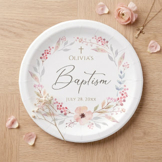 Assiettes En Carton Rose Pâle Floral Fille Baptême Rond