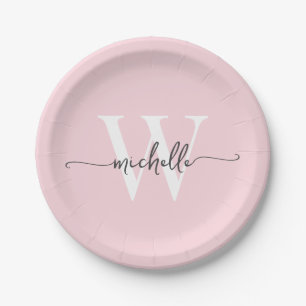 Assiettes En Carton Rose Pâle Moderne Écriture Personnalisée avec Mono