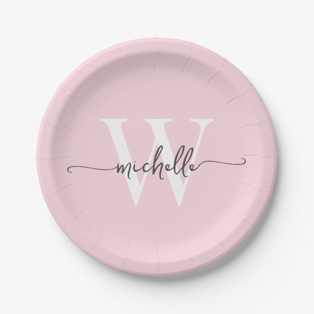 Assiettes En Carton Rose Pâle Moderne Monogramme Personnalisé avec Nom (Devant)