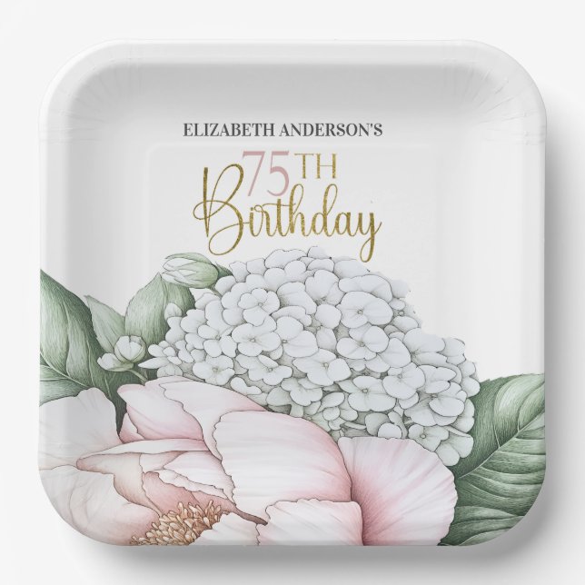 Assiettes En Carton Rose Pâle Pivoine Floral 75e Anniversaire  (Recto)
