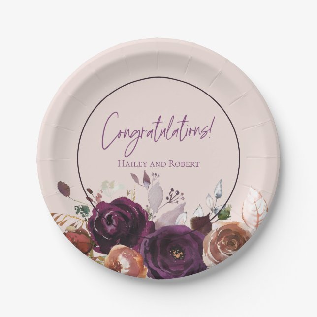 Assiettes En Carton Rose Pâle Violet Bordeaux Floral (Devant)