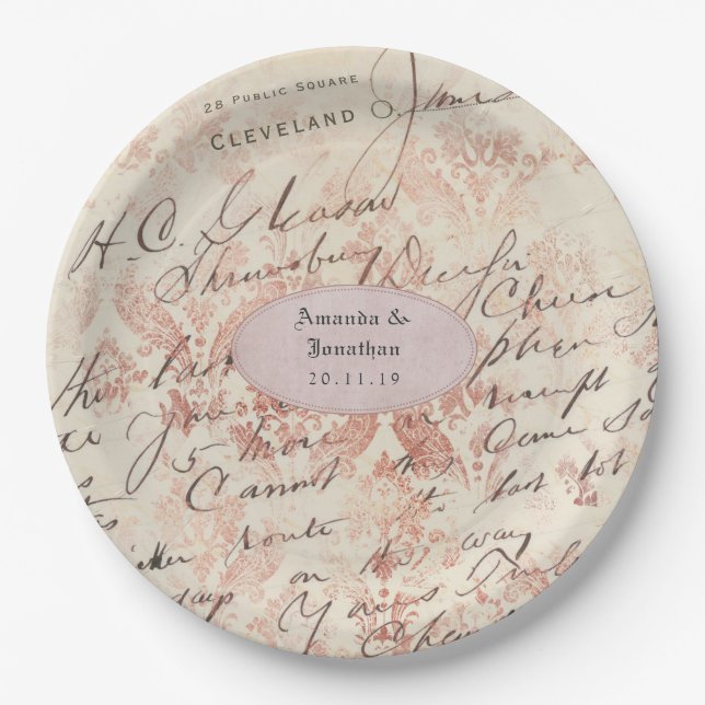 Assiettes En Carton Rose personnalisé Gold Shabby-Chic Mariage (Devant)