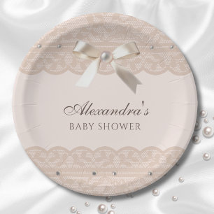 Assiettes En Carton Rose Pink Regency Pearl Satin Bow Baby shower