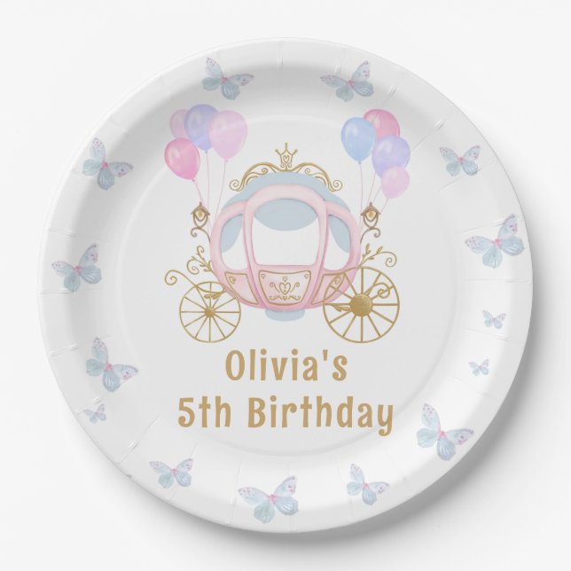 Assiettes En Carton Rose Princesse Carriage Papillon fille Anniversair (Devant)