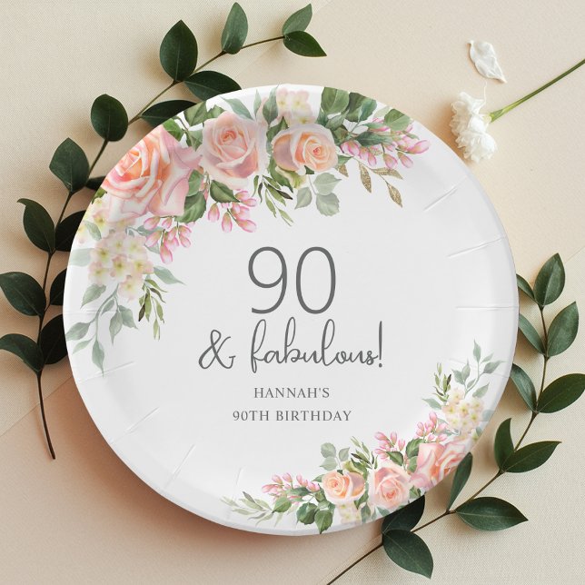 Assiettes En Carton Rose rose de Peach Floral 90e anniversaire (Créateur téléchargé)
