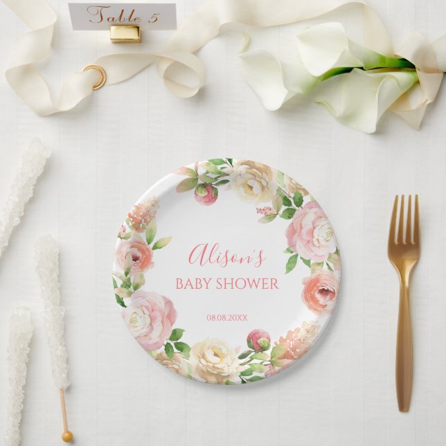 Assiettes En Carton Rose rose élégant Baby shower floral fille (Mariage)