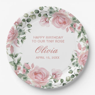 Assiettes En Carton Rose rose Floral 1er Anniversaire