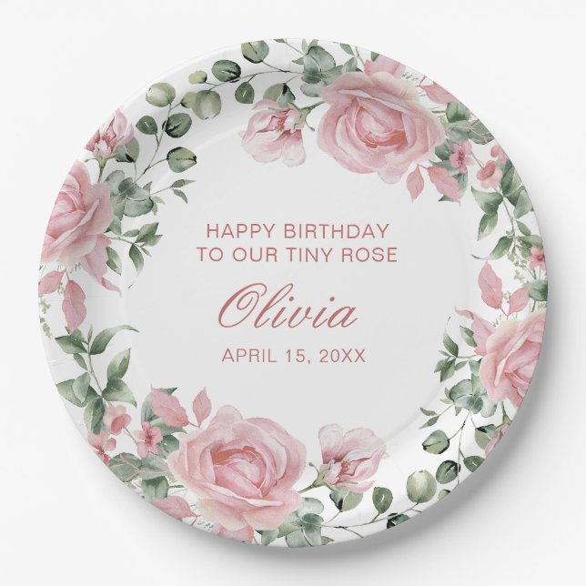 Assiettes En Carton Rose rose Floral 1er Anniversaire (Devant)