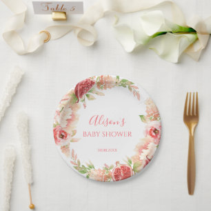 Assiettes En Carton Rose Rose Floral Vert Fille Baby shower
