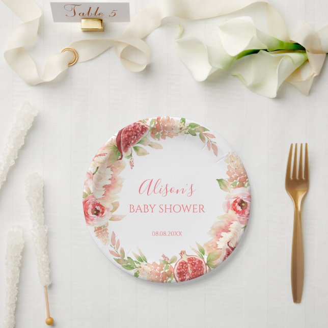 Assiettes En Carton Rose Rose Floral Vert Fille Baby shower (Mariage)