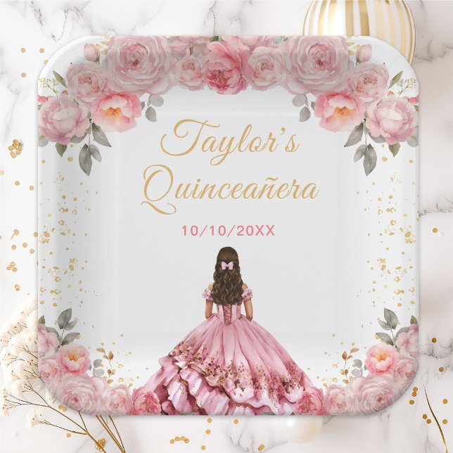 Assiettes En Carton Rose Rose princesse Floral Quinceañera (Créateur téléchargé)