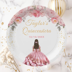 Assiettes En Carton Rose Rose princesse Floral Quinceañera
