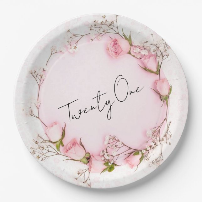 Assiettes En Carton Rose Roses Wreath Chic 21e fête d'anniversaire (Devant)