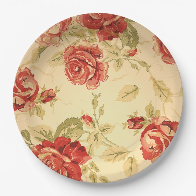 Assiettes En Carton Rose rouge, crème, bronze antique floral (Devant)