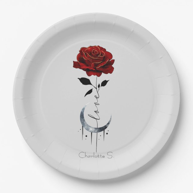 Assiettes En Carton Rose rouge de style tatouage et lune de croissant  (Devant)