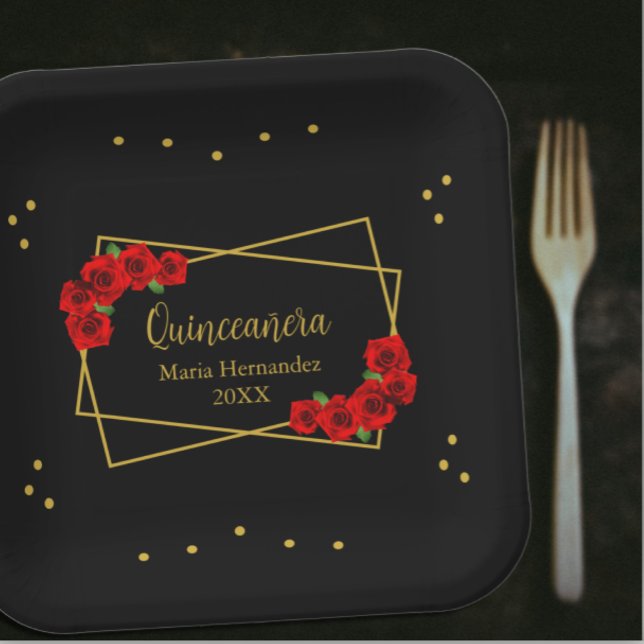 Assiettes En Carton Rose rouge Noir et or Quinceañera (Créateur téléchargé)