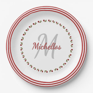 Assiettes En Carton Rose rouge photo florale - Initiale & Nom