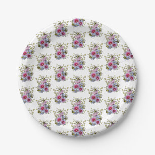 Assiettes En Carton Rose trémières et fleurs bleues avec bourdons