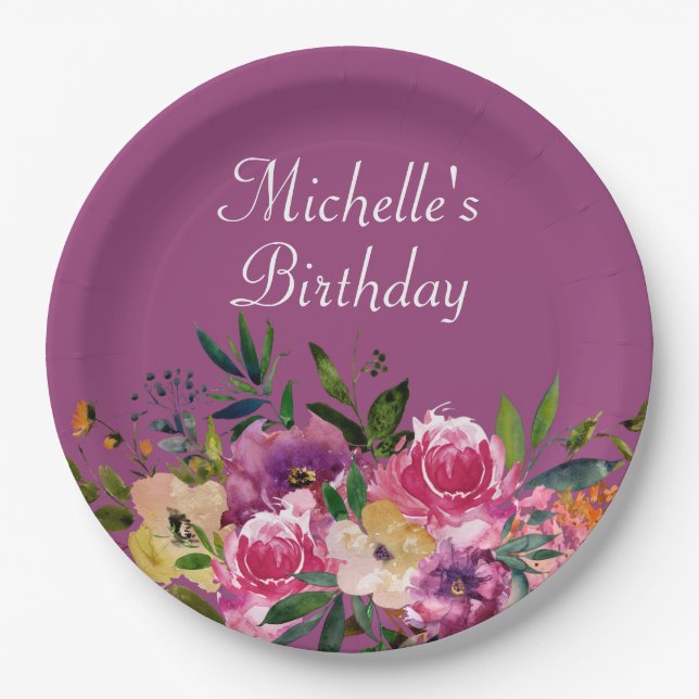 Assiettes En Carton Rose violet jaune Floral Personnalisé Anniversaire (Devant)