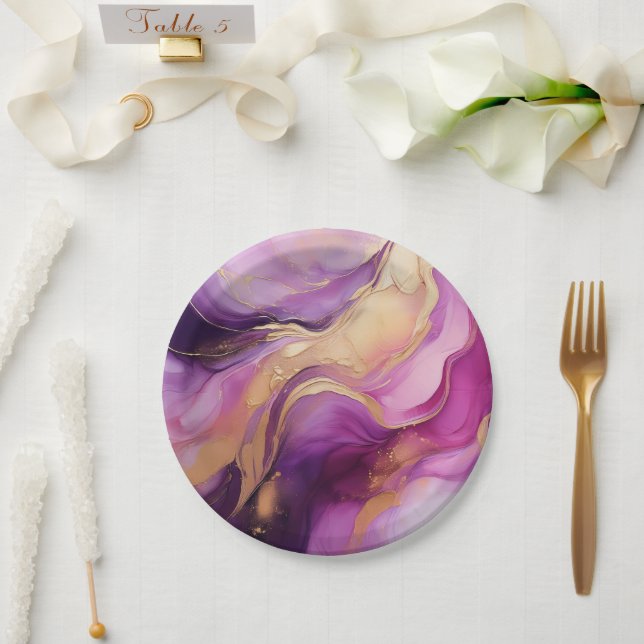 Assiettes En Carton Rose violet moderne et or (Mariage)