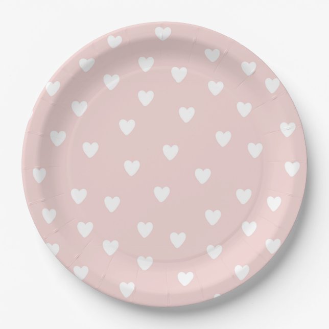 Assiettes En Carton Rosée avec Coeurs Blancs (Devant)