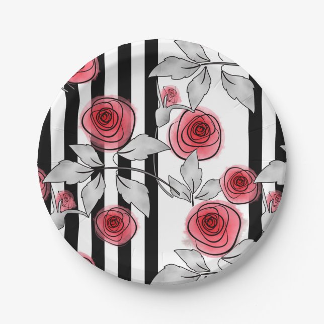 Assiettes En Carton Roses aquarelle (Devant)