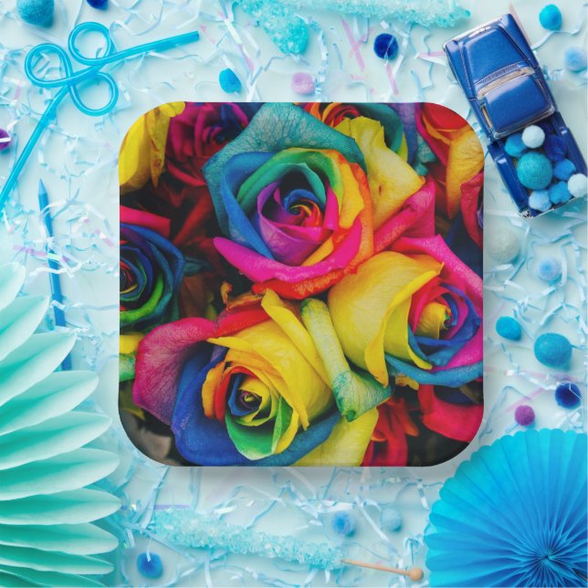Assiettes En Carton Roses arc-en-ciel (Fête)
