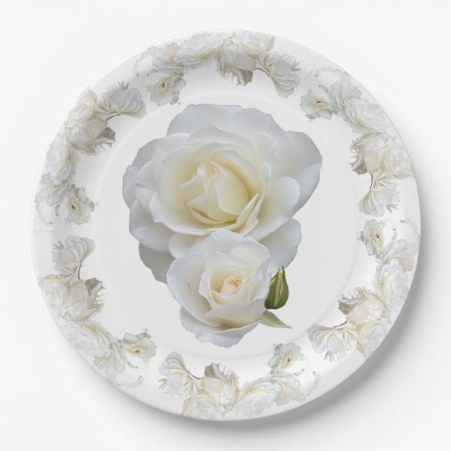 Assiettes En Carton Roses blanches biologiques, (Devant)