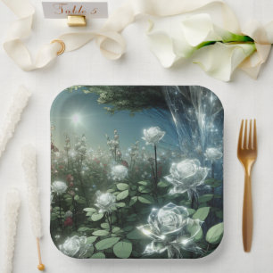 Assiettes En Carton Roses Blanches Dans Le Jardin Magique