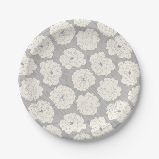 Assiettes En Carton Roses blanches sur gris clair - motif sans soudure (Devant)