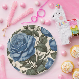 Assiettes En Carton Roses Bleus Et Feuilles Verts,