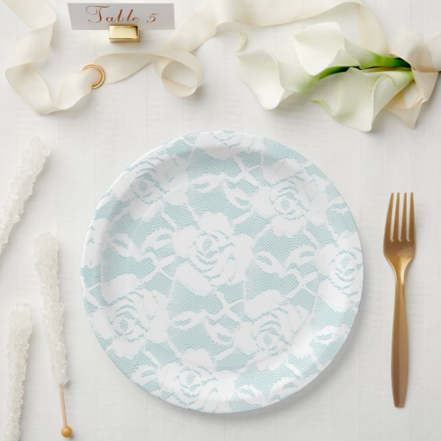 Assiettes En Carton Roses de dentelle blanche à la menthe (Mariage)