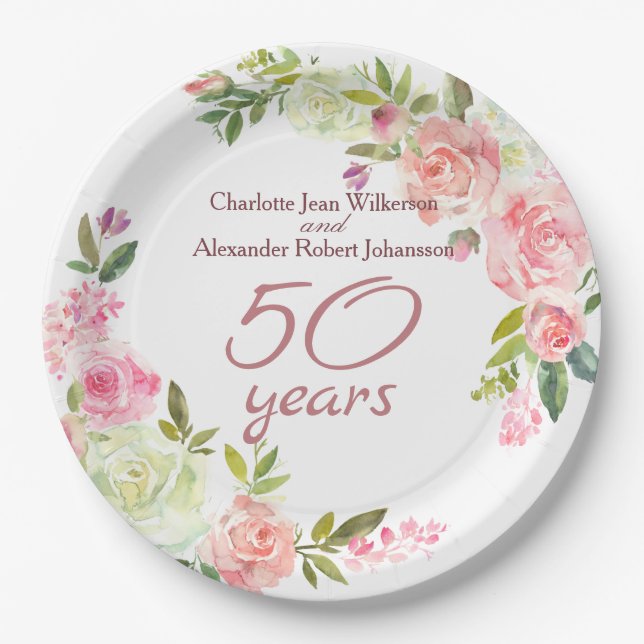 Assiettes En Carton Roses de l'aquarelle du 50e Mariage (Devant)