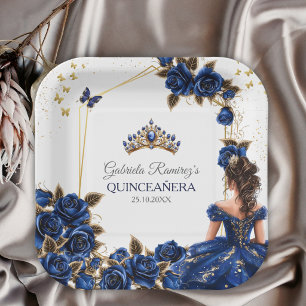 Assiettes En Carton Roses de Quinceañera Couronne de Tiara Dorée Bleu
