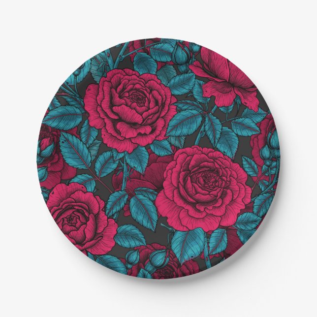 Assiettes En Carton Roses en rouge et bleu (Devant)