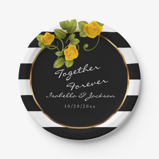 Assiettes En Carton Roses jaunes sur bandes noires et blanches (Devant)