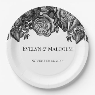 Assiettes En Carton Roses noires et blanches Mariage gothique