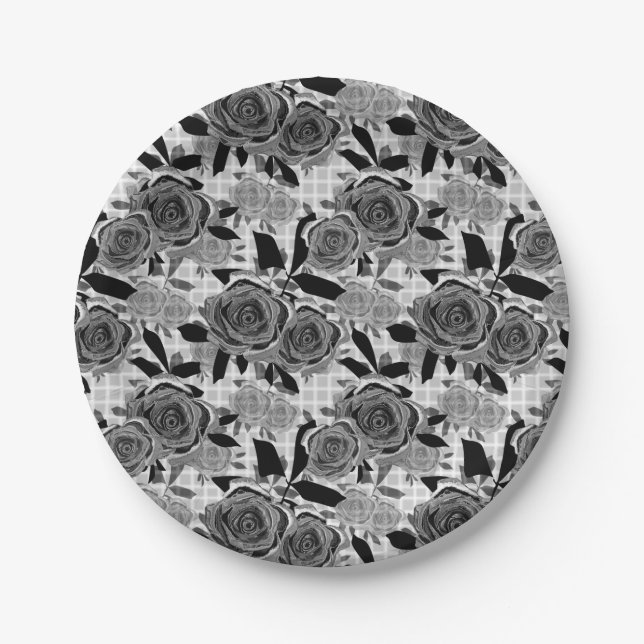 Assiettes En Carton Roses noirs, rose, noirs et gris (Devant)