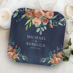 Assiettes En Carton Roses orange brûlé Terracotta Floral Navy Mariage