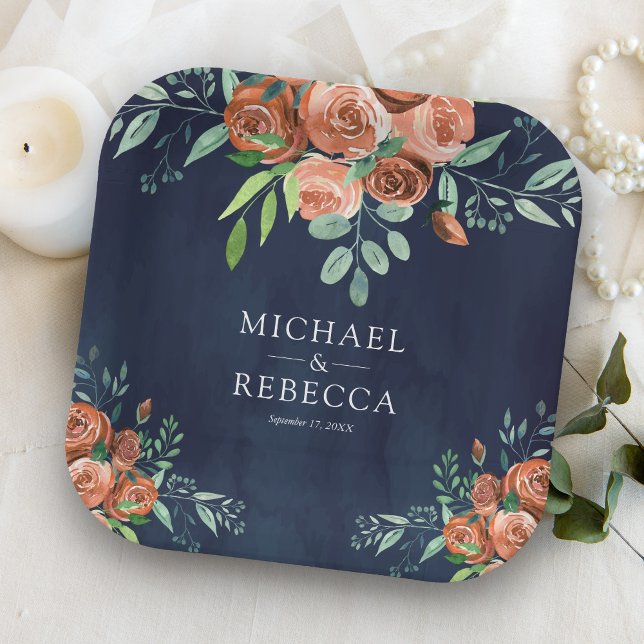 Assiettes En Carton Roses orange brûlé Terracotta Floral Navy Mariage (Créateur téléchargé)