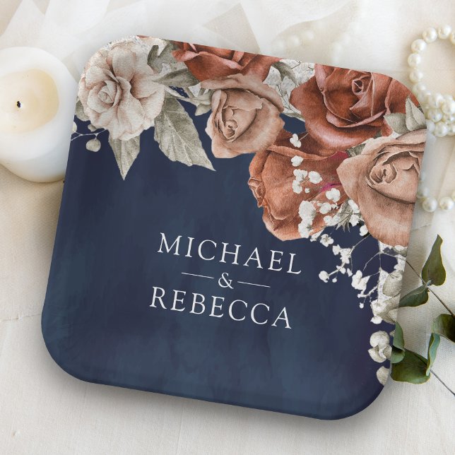 Assiettes En Carton Roses orange brûlé Terracotta Floral Navy Mariage (Créateur téléchargé)